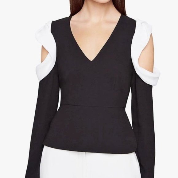 BCBGMaxAzria Colour-Block Cold-Shoulder Long-Sleeve "Shannen" Peplum Top XXS - Picture 1 of 16
